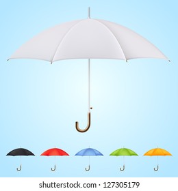Set of 6 umbrellas in different colors on blue background.