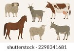 Set of 6 ungulates. Domesticated animals. Cow, goat, ram, sheep, donkey, horse. Farm pets. Household. Vector illustration. Isolated objects on white background.