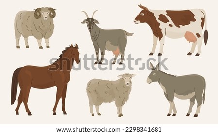Set of 6 ungulates. Domesticated animals. Cow, goat, ram, sheep, donkey, horse. Farm pets. Household. Vector illustration. Isolated objects on white background.