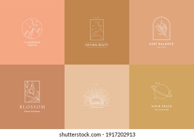 Set of 6 unique bohemian styled logotypes in vector for fashion, beauty, mental and treatment industries - beauty salons, fashion stores, yoga studios, etc in minimal style