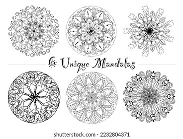 Set of 6 Unique mandalas for coloring book. Decorative round ornaments. Anti-stress therapy patterns. Yoga logos, backgrounds for meditation poster. Unusual flower shape. Oriental vector