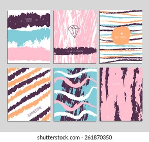 Set of 6 universal cards. Birthday, anniversary, Valentine's day, children party invitations. Colorful photo album, notebook cover. Hand drawn textures. Vector. Isolated.