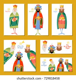 Set of 6 universal Christmas greeting cards with three Kings. Feliz dia de reyes! (Happy Three Kings Day!). Template. Vector illustration.
