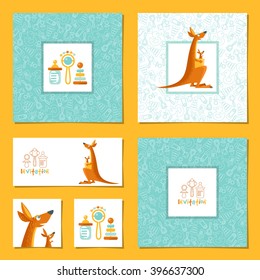 Set of 6 universal invitation cards with a kangaroo and a baby kangaroo. Template. Party, birthday, baby shower. Vector illustration