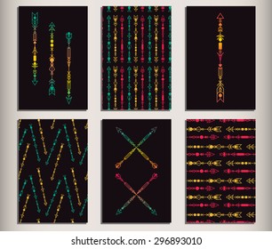 Set of 6 unusual black cards with minimalism geometric arrows including 3 trendy hipster style patterns. Vector image can be used for web design, greeting cards or invitations and other crafts.