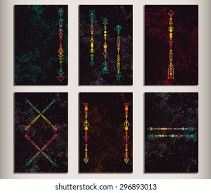 Set of 6 unusual black cards with minimalism geometric arrows. Modern trendy hipster style invitations. Vector image can be used for web design, greeting cards or invitations and other crafts.
