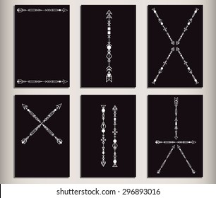 Set of 6 unusual black cards with minimalism geometric arrows including 3 trendy hipster style patterns. Vector image can be used for web design, greeting cards or invitations and other crafts.