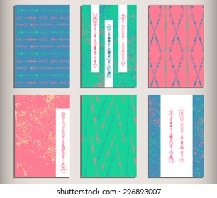 Set of 6 unusual cards with minimalism geometric arrows including 3 trendy hipster style patterns. Vector image can be used for web design, greeting cards or invitations and other crafts.