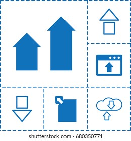 set of 6 upload filled and outline icons such as arrow up, window browser upload, download document, arrow down