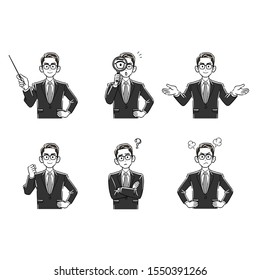 Set of 6 upper body of businessmen wearing glasses 2 grayscale