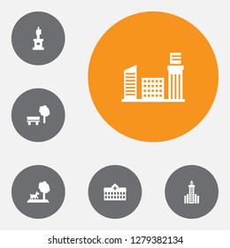 Set of 6 urban icons set. Collection of monument, skyscraper, puppy and other elements.