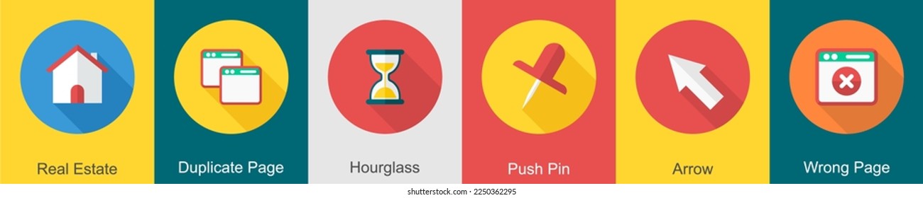 A set of 6 User interface icons as real estate, duplicate page, hourglass