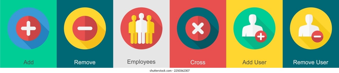 A set of 6 User interface icons as add, remove, employees