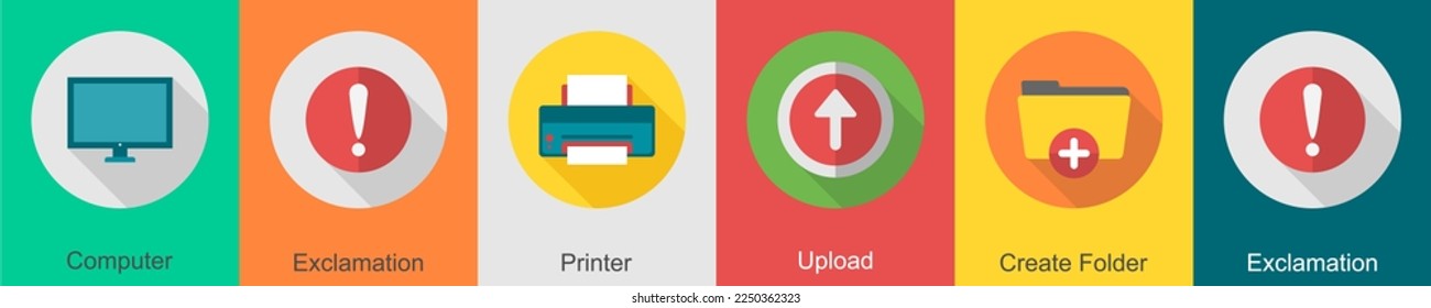 A set of 6 User interface icons as computer, exclamation, printer