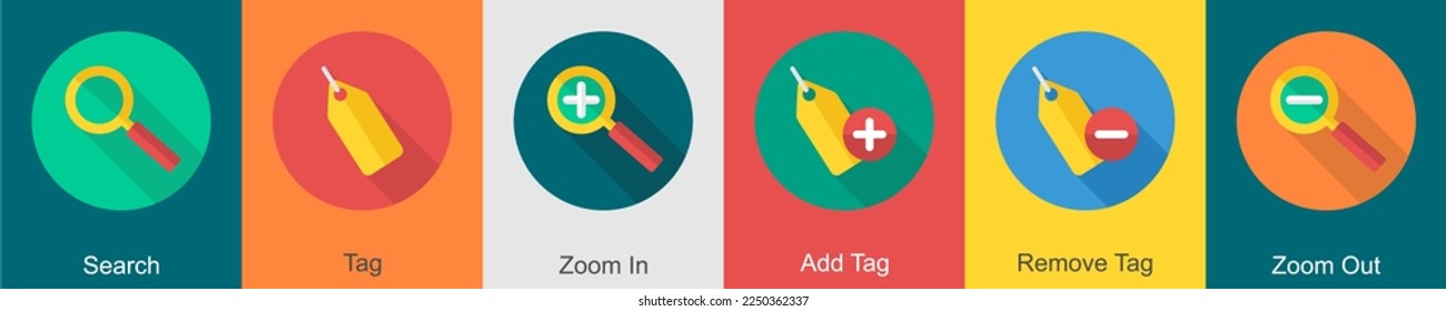 A set of 6 User interface icons as search, tag, zoom in