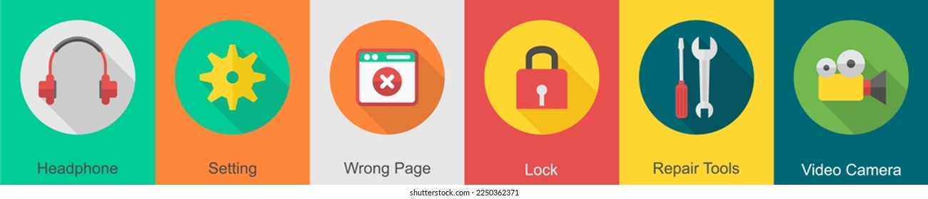 A set of 6 User interface icons as headphone, setting, wrong page