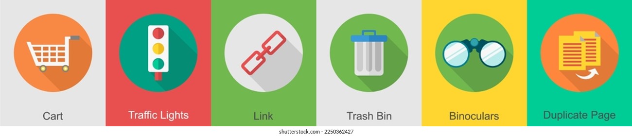 A set of 6 User interface icons as cart, traffic lights, link