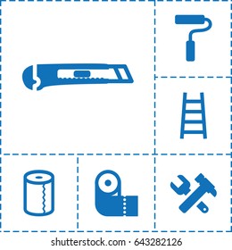 Set of 6 utility filled icons such as paper towel, hummer and wrench, ladder, cutter