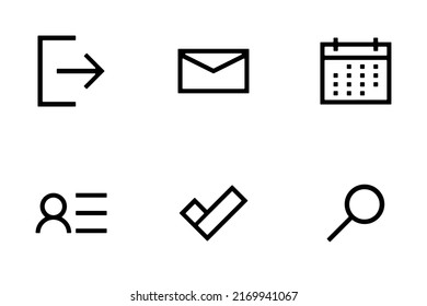 Set of 6 ux-ui outline vector icons. Login, mail, calendar, profile, todo and search black linear icons.