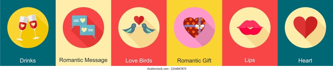 A set of 6 Valentine icons as drinks, romantic message, love birds