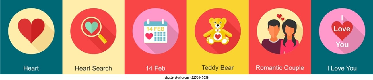 A set of 6 Valentine icons as heart, heart search, 14 feb