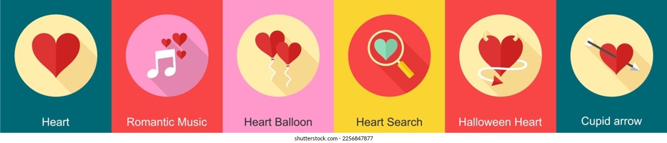 A set of 6 Valentine icons as heart, romantic music, heart balloon