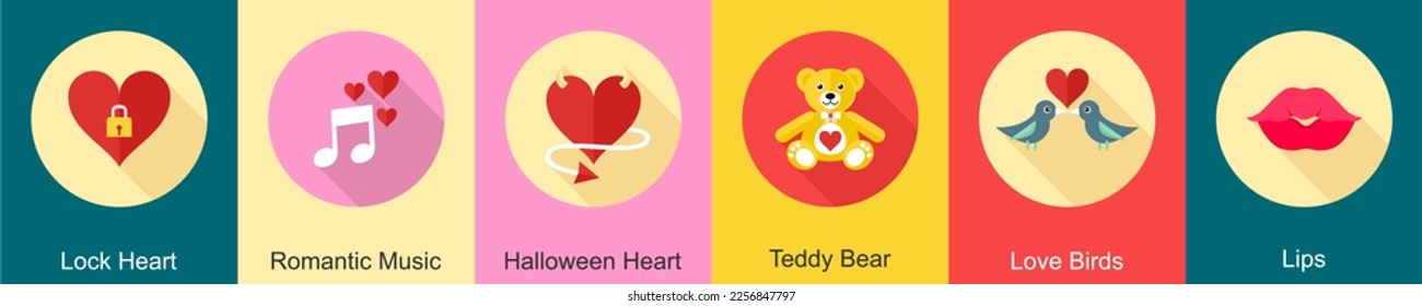 A set of 6 Valentine icons as lock heart, romantic music, halloween heart