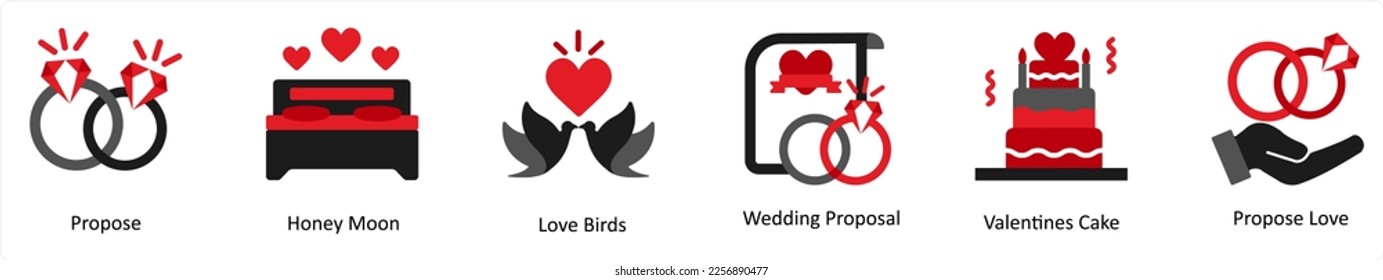 A set of 6 Valentine icons as propose, honey moon, love birds