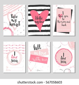 Set of 6 Valentines day gift cards with heart and lettering. Calligraphy, hand drawn design elements for print, poster, invitation.