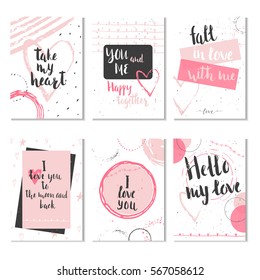 Set of 6 Valentines day gift cards with heart and lettering. Calligraphy, hand drawn design elements for print, poster, invitation.