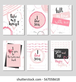 Set of 6 Valentines day gift cards with heart and lettering. Calligraphy, hand drawn design elements for print, poster, invitation.