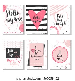 Set of 6 Valentines day gift cards with heart and lettering. Calligraphy, hand drawn design elements for print, poster, invitation.