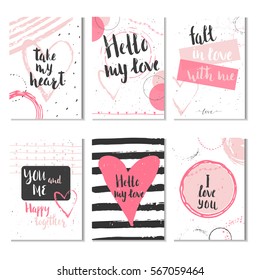 Set of 6 Valentines day gift cards with heart and lettering. Calligraphy, hand drawn design elements for print, poster, invitation.