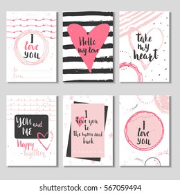 Set of 6 Valentines day gift cards with heart and lettering. Calligraphy, hand drawn design elements for print, poster, invitation.