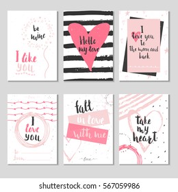 Set of 6 Valentines day gift cards with heart and lettering. Calligraphy, hand drawn design elements for print, poster, invitation.