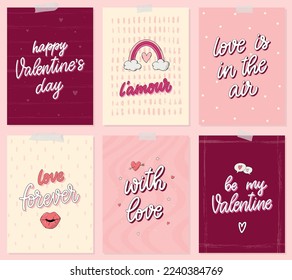 set of 6 Valentine's day greeting cards, posters, prints, invitations decorated with lettering quotes and doodles. EPS 10