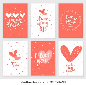 Set of 6 Valentine's day greeting cards with hearts and hand written quotes