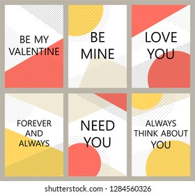Set of 6 Valentine's day postcards made in absctract and pop art style. Trendy and simple vector elements. Business and office designers posters and postcards. EPS8 vector.