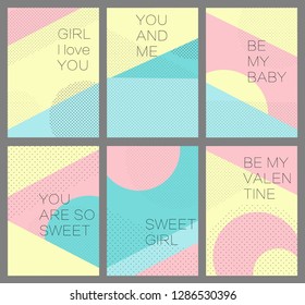 Set of 6 Valentine's day postcards made in absctract and pop art style. Trendy and simple vector elements. Vintage pastels and office designers posters and postcards. EPS8 vector.