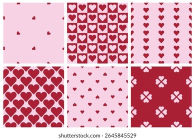 Set of 6 Valentine's seamless pattern collection. Cartoon romantic hearts in pink and red. Trendy modern illustration. Hand drawn and flat design. Holiday and greeting card templates. Vector, EPS 10. 