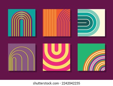 Set of 6 various abstract geometric square vector designs of arches. Bright, colourful illustrations of multicolour turquoise, plum, yellow arcs. Use for posters, branding, posters, brochures.