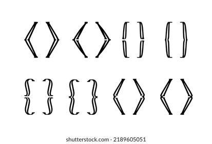 Set of 6 various black curly braces isolated on white background Round, triangular and square, modern brackets design for typing and typography Vector illustration in flat style