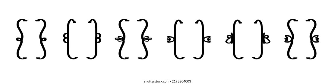 Set of 6 various black curly braces isolated on white background Modern and vintage fantasy brackets for typing and typography Vector illustration in flat style