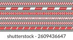 Set of 6 various SANCTIONS tapes: red-white barrier stripes, warning line, banner for political penalties. Seamless barricade ribbons . Political conflicts, trade penalties, diplomatic disputes, war