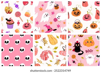 Set of 6 Vector abstract seamless cute halloween patterns. Halloween sweets, pumpkins, ghosts and skulls in a cute children's style in pink tones.