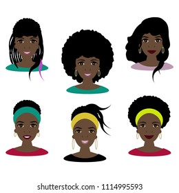 Set of 6 vector Afro American women with different hairstyles, great for avatars.