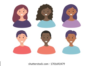 Conjunto de 6 íconos vectoriales de personas de diferente género y raza. Personajes de dibujos animados planos.Caras sonrientes felices