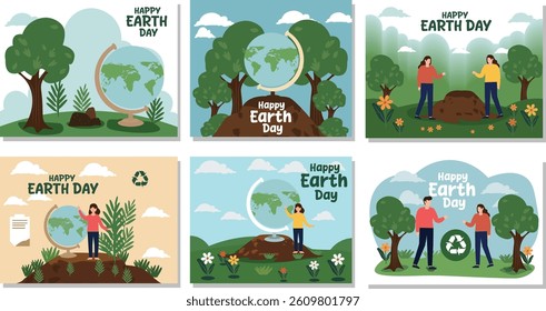 Set of 6 vector banners for Happy Earth Day. Features globes, trees, planting and recycle symbols. Ideal for web graphics promoting environmental conservation and awareness.