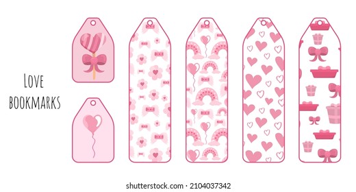 Set of 6 vector bookmarks in pink colors. Bookmarks with pink flowers, hearts, gifts, sweets and rainbows for girls. Isolated on white background.