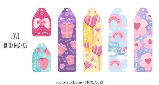 Set of 6 vector brightly colored bookmarks. Bookmarks with pink flowers, hearts, gifts, sweets and rainbows. Isolated on white background.